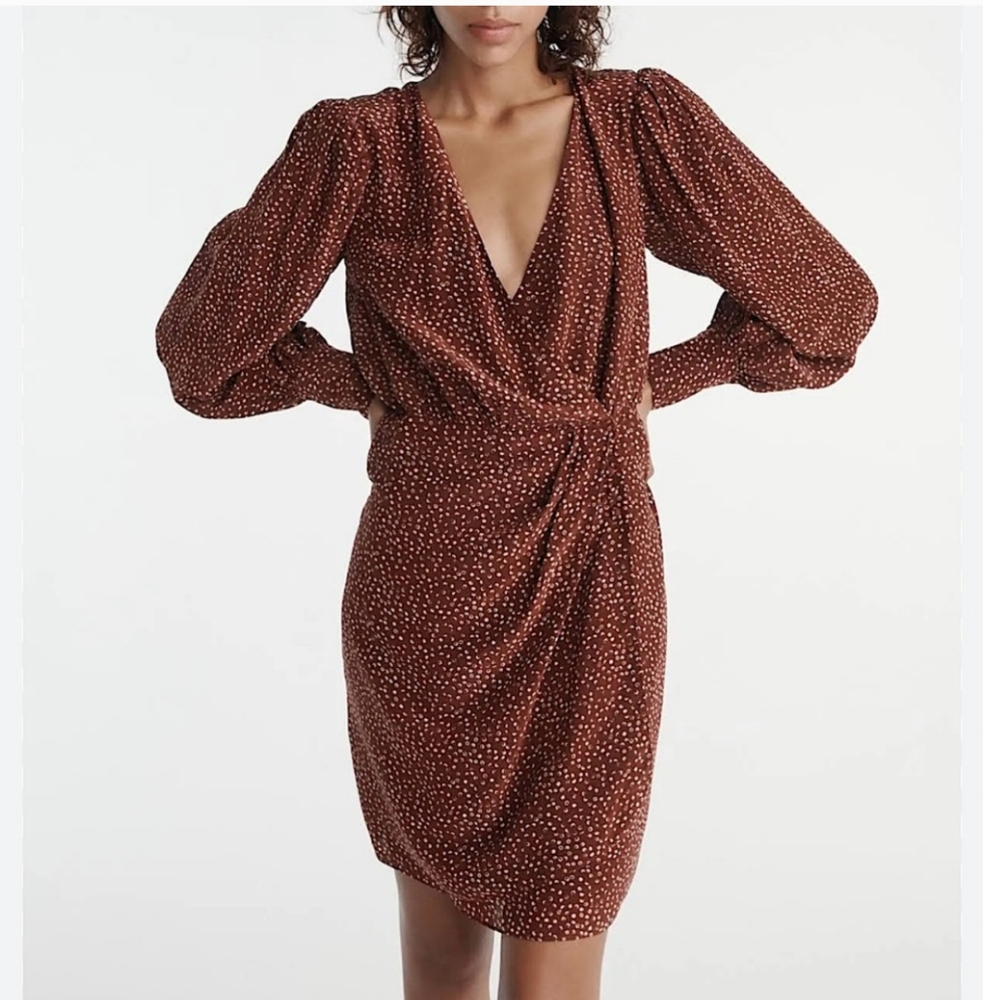 The Kooples Moon Dot Wrap Dress Puff Sleeve Silk Blend Retro 40s